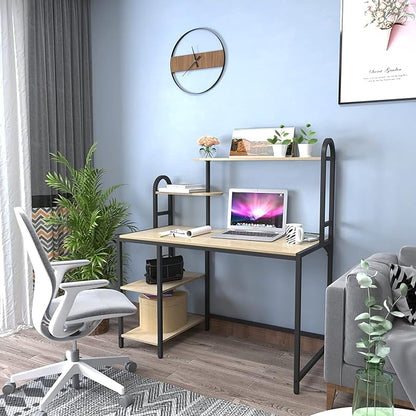 Anivia Computer Bookshelf Home Office, Study Table with Hutch & Adjustable Shelves, Sturdy Wooden Desk for Gaming, Easy Assemble, 49.2", Light Walnut