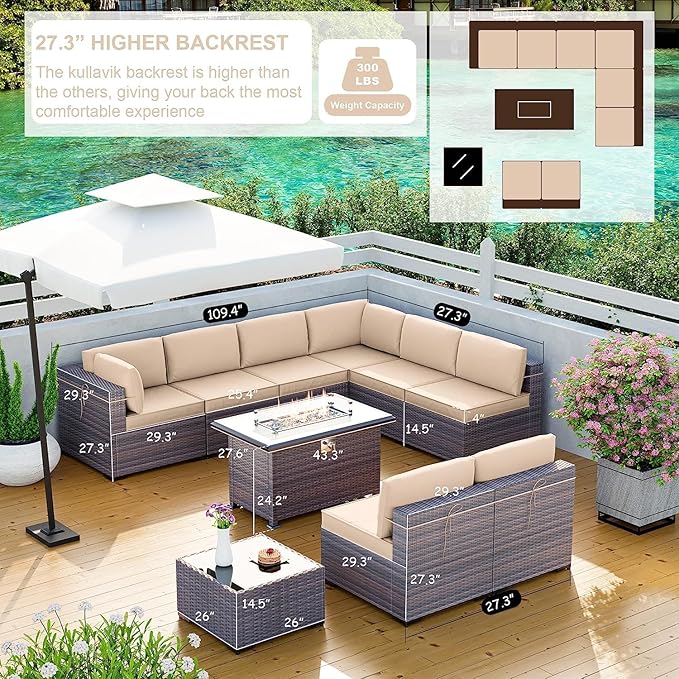 Kullavik 10 Pieces Outdoor Patio Furniture Set with 43" Gas Propane Fire Pit Table PE Wicker Rattan Sectional Sofa Patio Conversation Sets,Sand