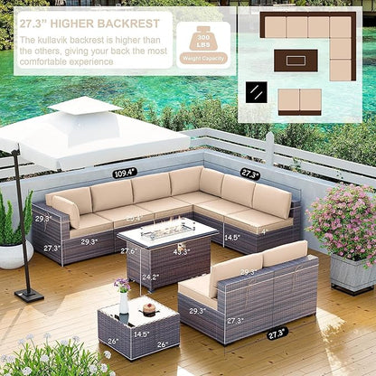 Kullavik 10 Pieces Outdoor Patio Furniture Set with 43" Gas Propane Fire Pit Table PE Wicker Rattan Sectional Sofa Patio Conversation Sets,Sand