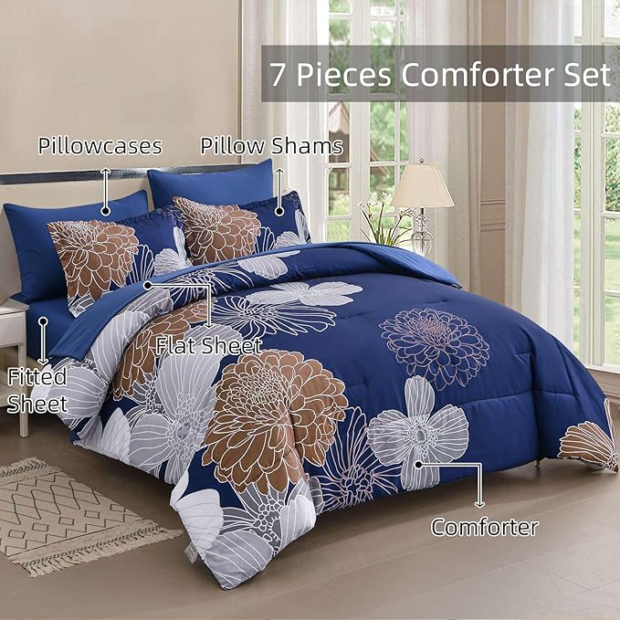 Yiran 7 Pieces Floral Comforter Bedding Sets Bed in a Bag Navy Brown Soft Microfiber Comforter Set with Comforter, Sheets, Pillowcases & Shams King Size 103"×90"