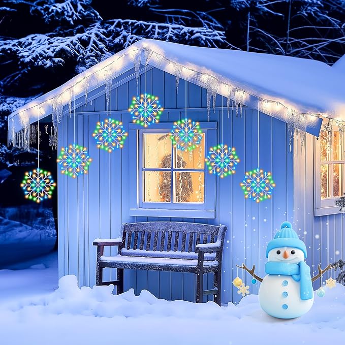 Christmas Snowflake Icicle Lights Outdoor - Plug-in 23.6ft 10 Drops 480LED Snowflake Window Lights, Connectable for Indoor Outdoor Porch Eaves Rooftops Canopy Christmas Decoration, Multicolor
