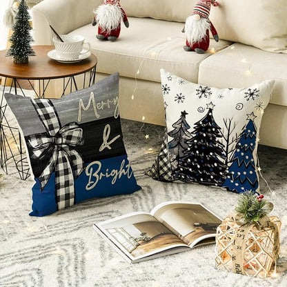 AVOIN colorlife Merry Christmas Joy Xmas Trees Blue and Black Throw Pillow Covers, 20 x 20 Inch Christmas Winter Holiday Cushion Case Decoration for Sofa Couch Set of 4