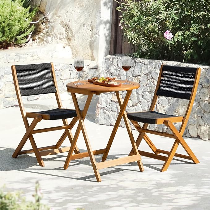 Solid Sauvage Bistro Set with Round Table (Grey), Wood Rope Design - Black