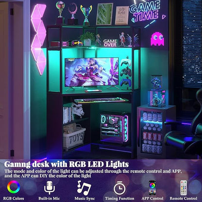 Cyclysio Small Corner Desk with Hutch, Heavy Duty Corner Computer Desk with Power Outlets & LED Light, Triangle Corner Gaming Desk with Keyboard Tray for Home Office, Small Space, Workstation Black