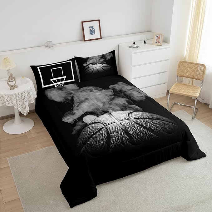 Sports Basketball Full Size Comforter Sets For Boys Teen Kids Basketball Quilt Bedding Set Grey Hippie Smoke Comforter Reversible Black Duvet Insert,1 Comforter + 2 Pillow Case Basketball Room Decor