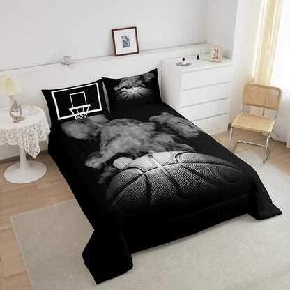 Sports Basketball Full Size Comforter Sets For Boys Teen Kids Basketball Quilt Bedding Set Grey Hippie Smoke Comforter Reversible Black Duvet Insert,1 Comforter + 2 Pillow Case Basketball Room Decor