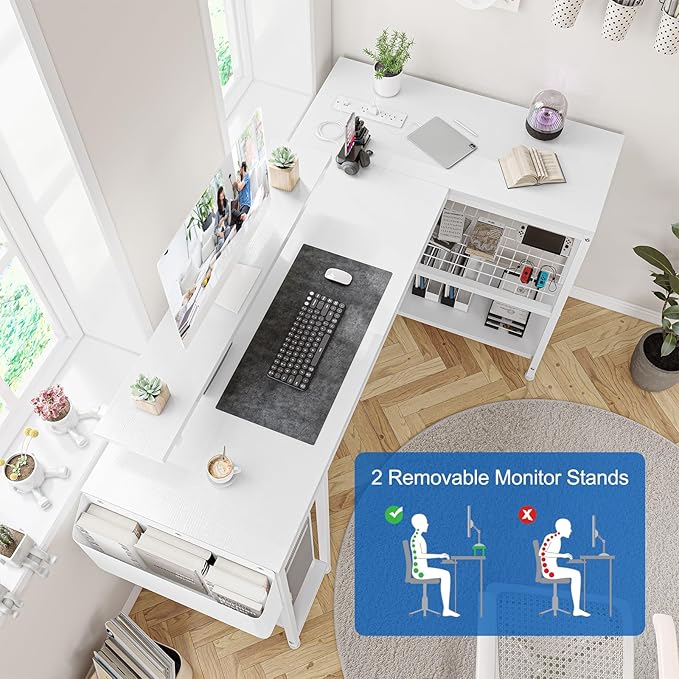 L Shaped Computer Desk with Power Outlets & LED Light, 49.6" Reversible Corner Computer Desk with Storage Shelves & Monitor Stand, Home Office Desk, Gaming Desk, Writing Desk (White)