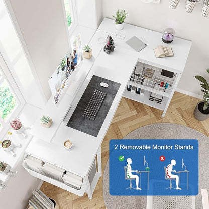L Shaped Computer Desk with Power Outlets & LED Light, 49.6" Reversible Corner Computer Desk with Storage Shelves & Monitor Stand, Home Office Desk, Gaming Desk, Writing Desk (White)