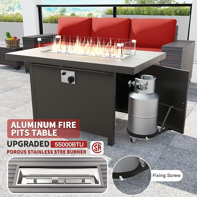 Kullavik 13PCS Outdoor Patio Furniture Set with 43" 55000BTU Gas Propane Fire Pit Table PE Wicker Rattan Sectional Sofa Patio Conversation Sets,Red