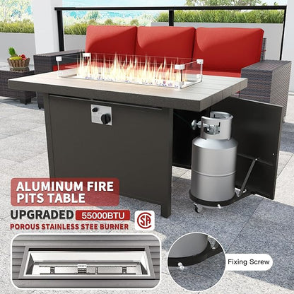 Kullavik 13PCS Outdoor Patio Furniture Set with 43" 55000BTU Gas Propane Fire Pit Table PE Wicker Rattan Sectional Sofa Patio Conversation Sets,Red