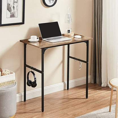 VECELO 32" Computer Writing Desk for Home Office, Study Table Workstation for Small Spaces with 4 Hooks & Adjustable Legs, Metal Frame,Brown, 32Inches