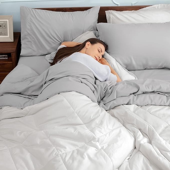Bedsure Ivory California King Size Comforter Set - 7 Pieces Reversible California King Bed in a Bag, California King Ivory and Grey Bed Set with Comforters, Sheets, Pillowcases & Shams