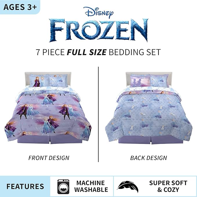 Disney Frozen 2 Kids Bedding Super Soft Comforter and Sheet Set with Sham, 7 Piece Full Size, "Official" Disney Product By Franco