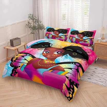 Tailor Shop Fantasy Black Girl Comforter Set Rainbow Butterfly King Size Bedding Sets for Girls Kids Kawaii Magic African American Black Girl Bedding Set with 2 Pillowcase Girls Room Decor