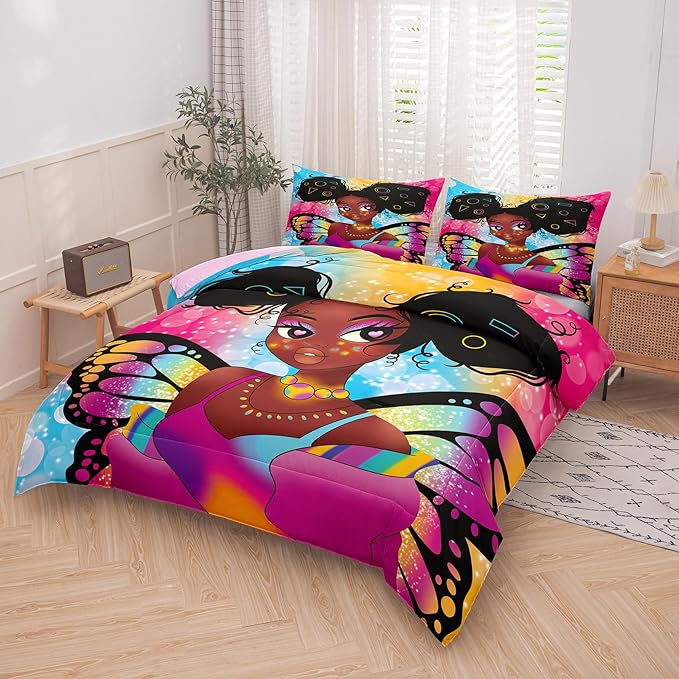 Tailor Shop Fantasy Black Girl Comforter Set Rainbow Butterfly Full Size Bedding Sets for Girls Kids Kawaii Magic African American Black Girl Bedding Set with 2 Pillowcase Girls Room Decor
