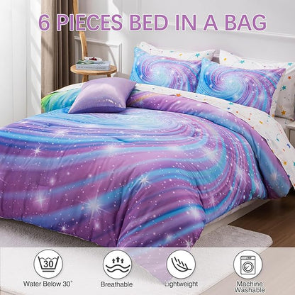 Btargot Super Soft 6 Pieces Gradient Star Ring Comforter Set, Colorful Glitter Rainbow Star Pattern Bedding Set for Boys Girls Teens, Full Purple