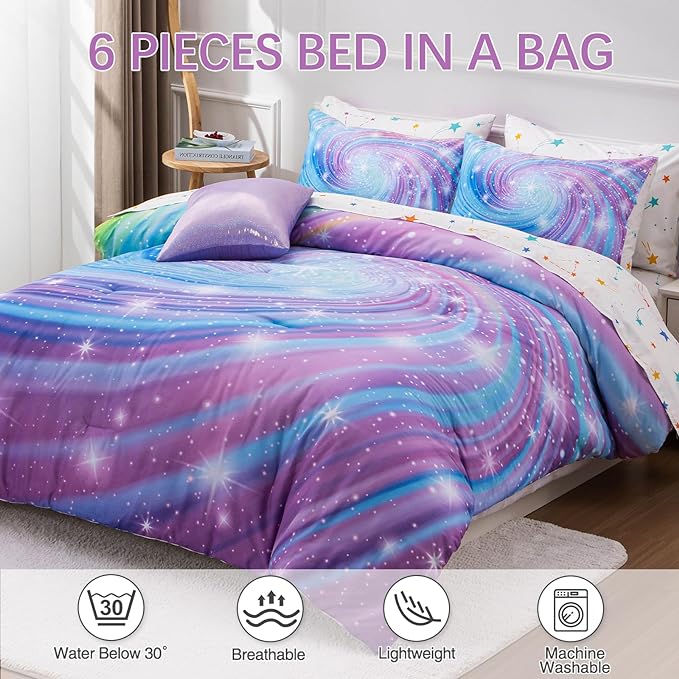 Btargot Super Soft 6 Pieces Gradient Star Ring Comforter Set, Colorful Glitter Rainbow Star Pattern Bedding Set for Boys Girls Teens, Twin Purple