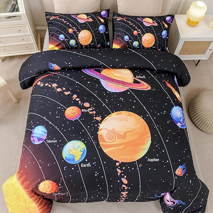 Solar System Comforter Set King Outer Space Room Decor Bedding Set 3 Pieces 1 Planets Theme Comforter and 2 Pillow Shams for Boys Kids Ultra-Soft Microfiber All Seasons for Bedroom Sofa