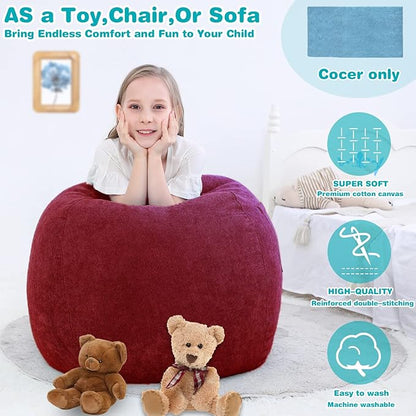 Stuffed Animal Storage Bean Bag Chair Cover (No Beans) for Kids and Adults.Soft Premium Corduroy Stuffable Beanbag for Organizing Children Plush Toys or Memory Foam Small 100L (WineRed)