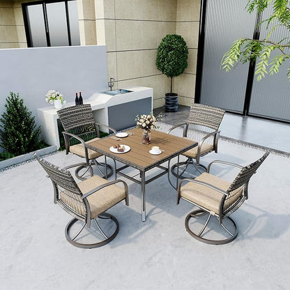 Pamapic 5 Piece Patio Dining Set for 4,Wicker Outdoor Furniture Set for Backyard Garden Deck Poolside with Square Plastic-Wood Table Top,4 Cushions Swivel Rocker Chairs,Removable Cushions(Beige)