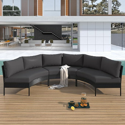 Spa Surround 3 Pieces Outdoor Patio Furniture, Weather Rattan Wicker Sectional Conversation Thick Cushions, Curved Half Moon Seating Group Sofa Set, Zp-Grey