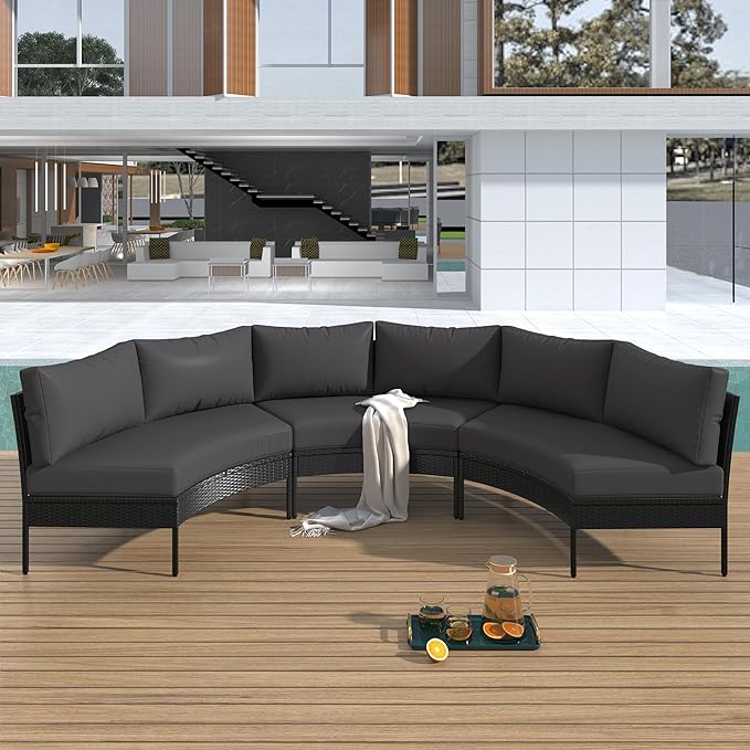 Merax Patio Furniture Sets Outdoor, All Weather Half-Moon Sectional PE Rattan Sofa with Cushions, Grey
