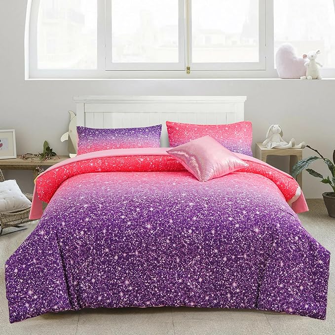 A Nice Night Girls Comforter Set Twin Size 6 Piece Bed in A Bag 3D Colorful Sparkle Galaxy Rainbow Bedding Comforter Sheet Sets for Kids,RedPurple