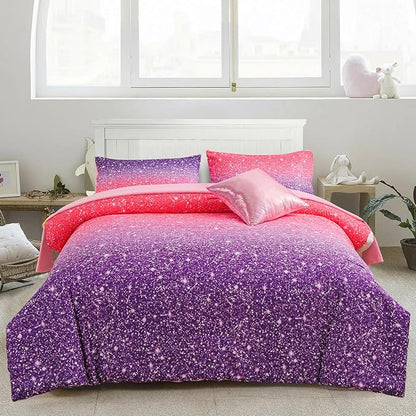 A Nice Night Girls Comforter Set Twin Size 6 Piece Bed in A Bag 3D Colorful Sparkle Galaxy Rainbow Bedding Comforter Sheet Sets for Kids,RedPurple