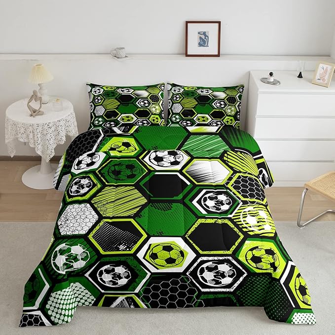 Erosebridal Boys Football Comforter Set Queen Soccer Sports Bedding Set Twin for Kids Teen,Geometric Honeycomb Down Comforter Hexagon Beehive Quilt Duvet Duvet Insert Green Black White 2 Pillow Cases