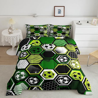 Erosebridal Boys Football Comforter Set Twin Soccer Sports Bedding Set Twin for Kids Teen,Geometric Honeycomb Down Comforter Hexagon Beehive Quilt Duvet Duvet Insert Green Black White 1 Pillow Case