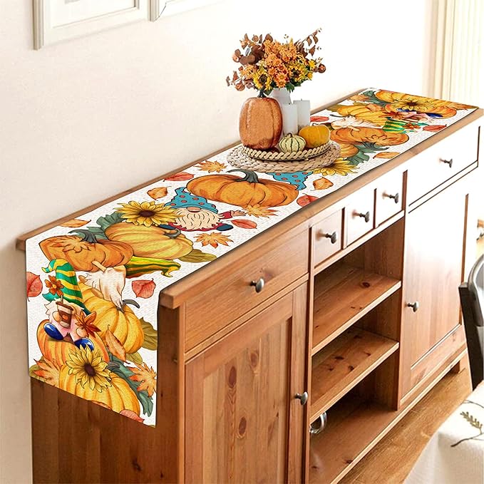 Fall Table Runner 90 Inches Long Autumn Table Runner Pumpkins Maple Leaves Gnome Fall Theme Decor for Kitchen Dining Table Home Party Decorations