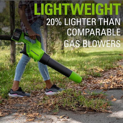 Greenworks 48V (2 x 24V) Cordless Brushless Axial Leaf Blower (140 MPH / 585 CFM / 125+ Compatible Tools), (2) 4.0Ah Batteries and Dual Port Rapid Charger Included