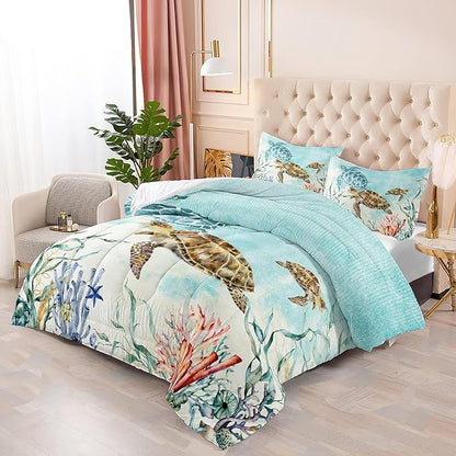 CVHOUSE Sea Turtle Comforter Sets King for Ocean Lovers,Turtle Beach Bedding Sets King Set,Turtle Bedspread,Turtle Duvet,Turtle Bed Set,Turtle Quilt Set 3 Pcs 1 Comforter and 2 Pillowcases