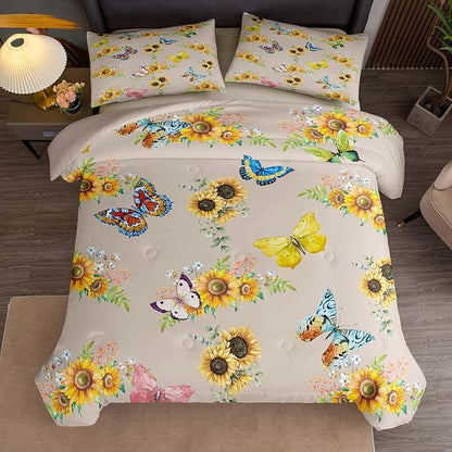 Tailor Shop Sunflower Comforter Sets King Size,Sunflower Bedding Sets for Teens Kids Butterflies Comforter Sets,Butterfly Bedding Sets Vintage Yellow Flowers Bedding Sets with 2 Pillowcases