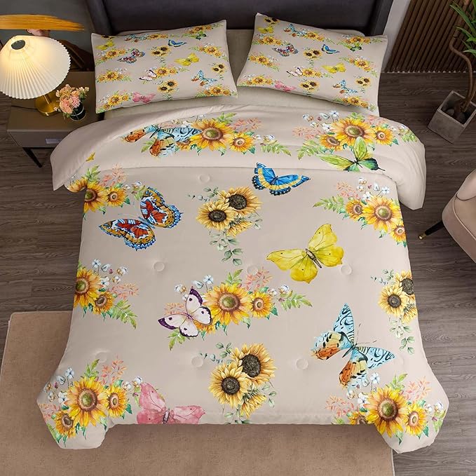 Tailor Shop Sunflower Comforter Sets Twin Size,Sunflower Bedding Sets for Teens Kids Butterflies Comforter Sets,Butterfly Bedding Sets Vintage Yellow Flowers Bedding Sets with 1 Pillowcases