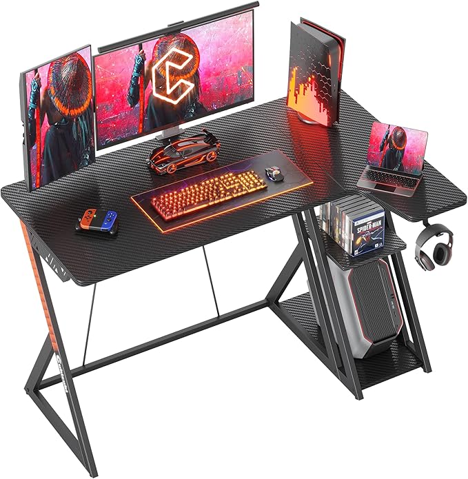 CubiCubi Aurora Gaming Desk with Carbon Fiber Surface, 47 Inch L Shaped Desk with Storage Shelves, Small Corner Computer Desk with Monitor Shelf, Gamer Desk PC Table, Black