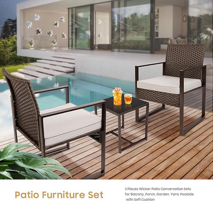YIYAN Patio Furniture Set 3 Pieces Outdoor Rattan Chair Wicker Sofa Garden Conversation Bistro Sets with Coffee Table,Comfortable Washable Cushions (White)