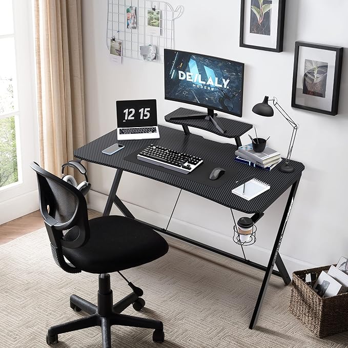 45IN Gaming Desk Gamer Table Carbon Fiber Surface Computer Table Gamer Desk with Monitor Shelf Office Home Study Desk Work PC Table Steel Legs Corner Desk Black