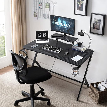 45IN Gaming Desk Gamer Table Carbon Fiber Surface Computer Table Gamer Desk with Monitor Shelf Office Home Study Desk Work PC Table Steel Legs Corner Desk Black