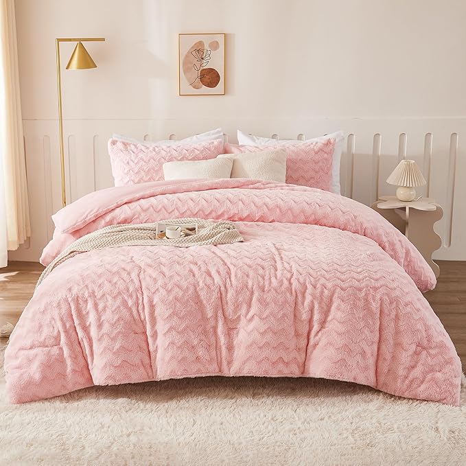 Andency Pink King Size Comforter Set, 3 Pieces Fleece Fuzzy Fluffy Bedding Set, Plush Shaggy Faux Fur Warm Bed Set
