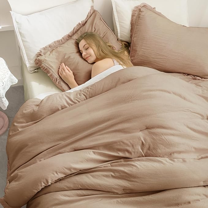 Andency Taupe Comforter Set Full Size, 3 Pieces Boho Tassel Lightweight Bedding Comforter Sets, Tan All Season Soft Fluffy Fringe Bed Set (79x90In Comforter & 2 Pillowcases)
