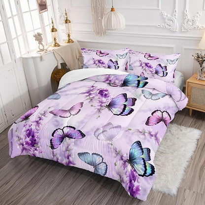 Purple Lavender Butterfly Comforter Set for Girl Kid Adult Colorful Butterfly Pattern Bedding Set Aesthetics Butterflies Quilt Bed Set Twin Size with 1 Comforter and 2 Pillowcases