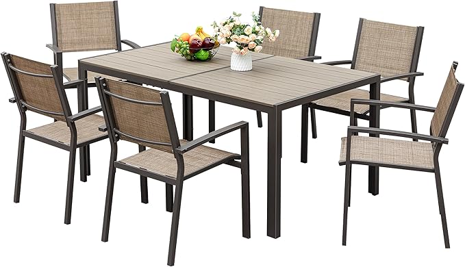 JUMMICO Outdoor Dining Set 7 Piece Patio Furniture Set with Weather Resistant Table and 6 Textilene Chairs for Yard, Deck and Poolside (Brown)