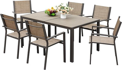 JUMMICO Outdoor Dining Set 7 Piece Patio Furniture Set with Weather Resistant Table and 6 Textilene Chairs for Yard, Deck and Poolside (Brown)