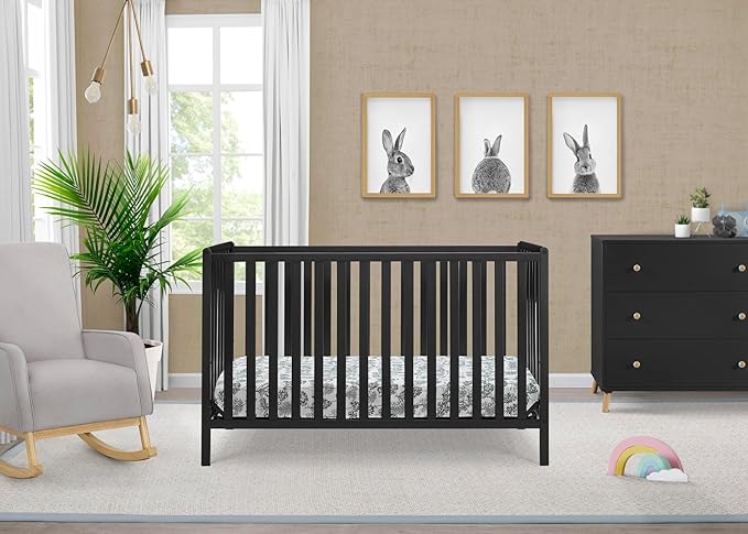 Delta Children Heartland 4-in-1 Convertible Crib, Black + Twinkle Galaxy Crib and Toddler Mattress (Bundle)