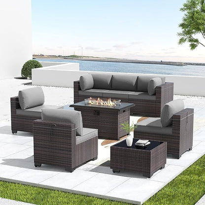 Kullavik 8 Pieces Outdoor Patio Furniture Set with 43" Gas Propane Fire Pit Table PE Wicker Rattan Sectional Sofa Patio Conversation Sets,Grey
