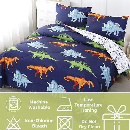 RYNGHIPY Cartoon Dinosaur Comforter Set, Dark Blue Dinosaur Kids Bedding Set for Boys, Dinosaurs Print Comforter Sets for Kids/Toddlers/Teens (Dinosaur,Twin)