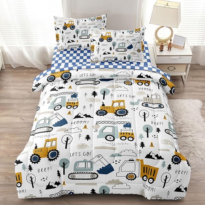 5-Pcs Construction Full Size Boys Bedding Set, Kids Comforter Set for Teens w/Sheets and Pillowcase, Soft Cartoon Tractor Cars Bed in a Bag Sets