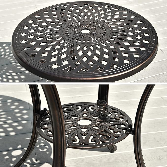 DWVO 5 Piece Outdoor Furniture Cast Aluminum Patio Dining Sets, All-Weather Patio Bistro Sets with 4 Chairs, 30 Inches Round Table with Umbrella Hole, Adjustable Feet for Balcony Backyard Deck Garden