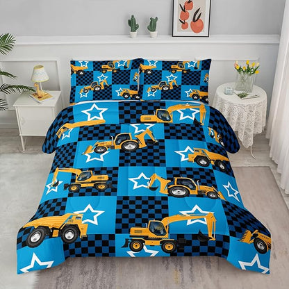 Axolotl Excavator Comforter Set Twin Size,Blue Plaid Comforter Set with Star,Excavator Bedding Set for Kids Boys Teens,Construction Vehicle Comforter Set for Boys,1 Quilt 2 Pillowcases